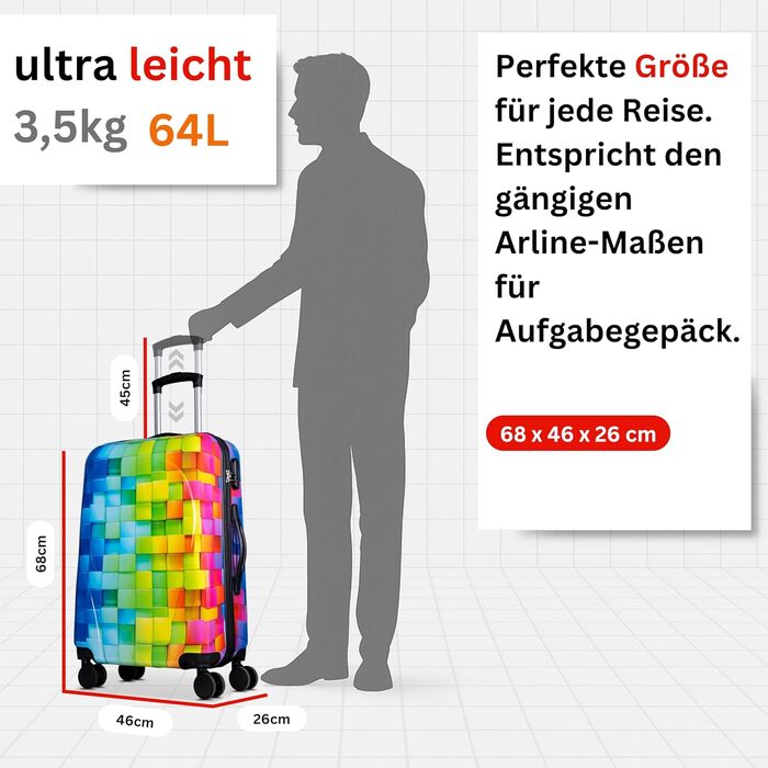 Валіза NOWI з жорстким корпусом, середнього розміру, 68L, 8 коліс, 360°, ABS, з кодовим замком та телескопічною ручкою – для подорожей, ручної поклажі, середній розмір, Trolley