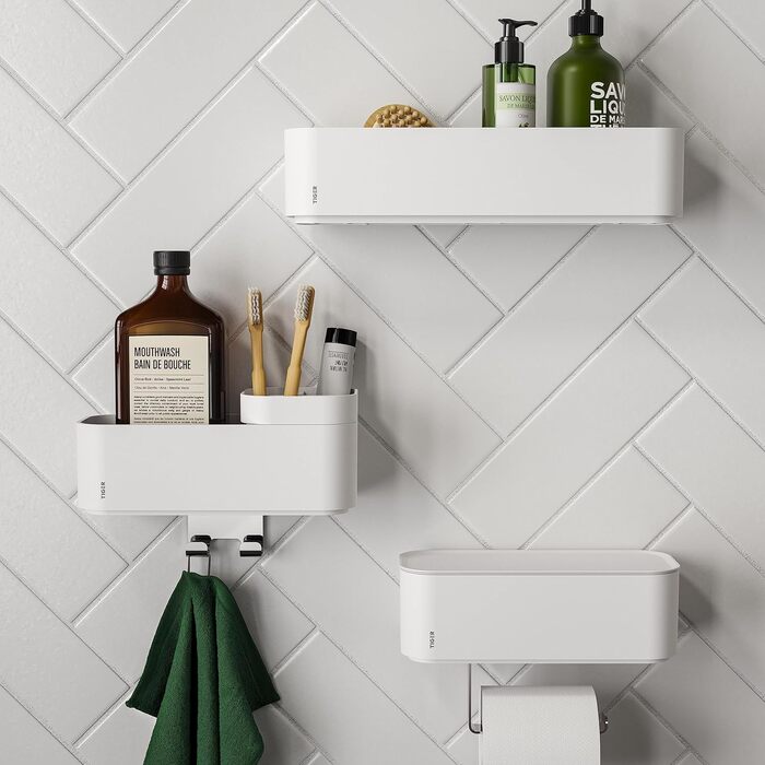 Tiger 2-Tier Bathroom Shelf with Integrated Toothbrush Holder and Hooks, Bathroom Shelf for Shower and Vanity to Store Bathroom Accessories, Color: White