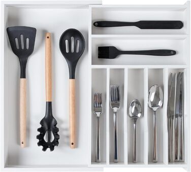 Органайзер для столових приборів KitchenEdge, розширюваний, для вузьких кухонних шухляд, 9 відсіків, антиковзкі ніжки, безпечний для їжі, білий