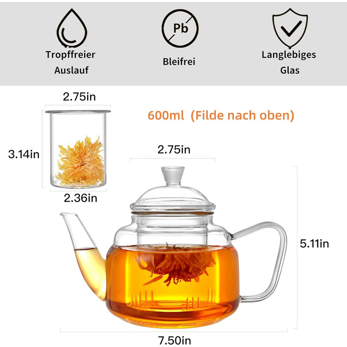 Скляний чайник CNGLASS з ситом із нержавіючої сталі, 900 мл, термостійкий для листового та розквітного чаю, прозорий
