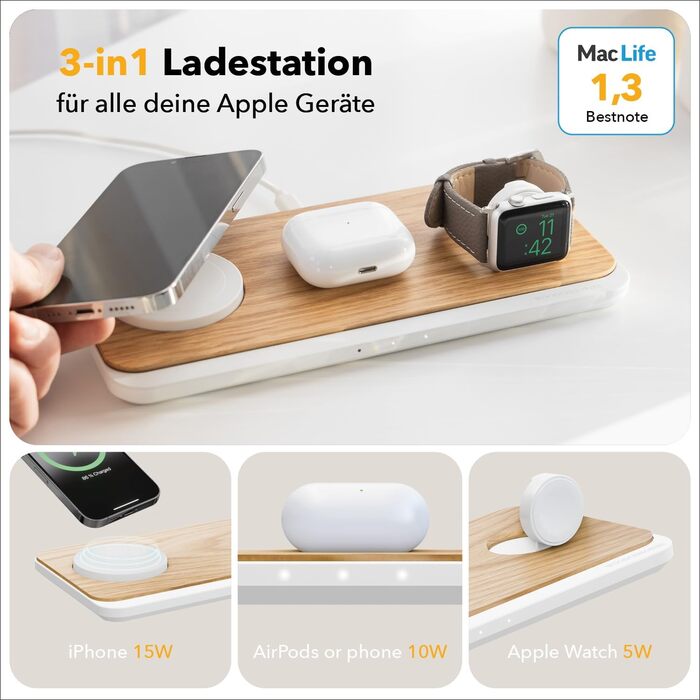 Woodcessories Multibase Pro: Бездротова зарядка 3-в-1 для iPhone, Apple Watch, AirPods з адаптером 45W (Дуб)