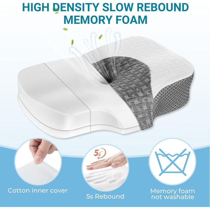 Ортопедична подушка Elviros для шиї з memory foam, ергономічна, для сну на боці, біла, 54x34x8.9/10.9 см