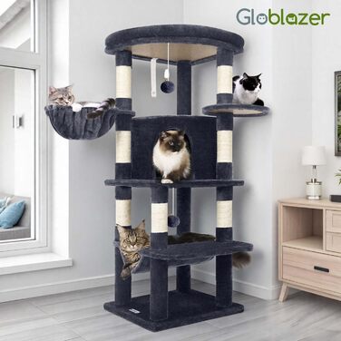 Драбина для котів Globlazer велика, стабільна кутова з великим будиночком для котів, 90° сектор, м'яка платформа, гамак, кошик, висота 130 см, для великих котів (C51), XL, темно-сірий