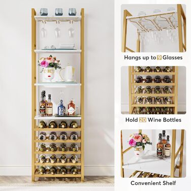 Tribesigns 20 Bottle Wine Baker's Rack, Freestanding Floor Wine Rack, 9 Tiers, Industrial Freestanding Wine Rack Wine Bar with Glass Holder Bottle Rack for Bar, Kitchen, Dining Room, (Gold, 2 PC)