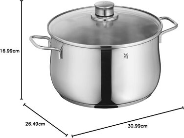 Велика каструля WMF Diadem Plus 20 см, 3,7 л, для індукції, з кришкою зі скла, полірована нержавіюча сталь Cromargan, без покриття