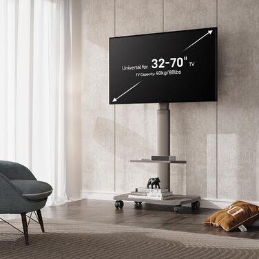 FITUEYES Rolling TV Stand with Wood Shelf - Adjustable Height & Swivel - Fits 32-70 inch TVs up to 40kg, VESA 400x600 - White (Khaki)