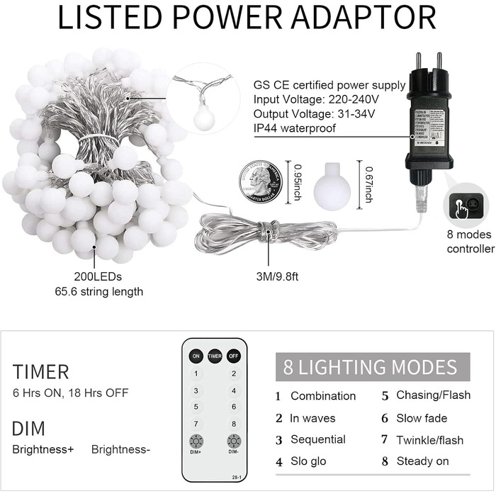 Ланцюжок прикрас з 200 LED кулями, 23 метри, тепле світло. Ідеально для декору на Різдво, весілля, вечірки. 8 режимів, функція пам'яті, з вилкою.
