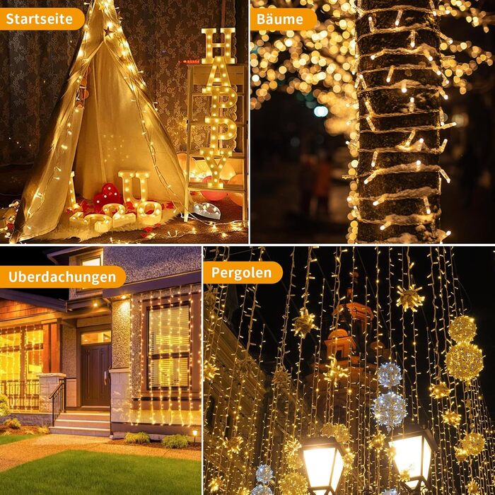 LED гірлянда 20м, 200 LED, тепле біле світло, 8 режимів, таймер, пульт, IP44, для декору, вечірки, саду, Різдва