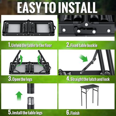 Складний кемпінговий стіл GARLLEN 60x40 см, регульована висота (27/51/75 см), чорний - для пікніка, саду, балкону, пляжу