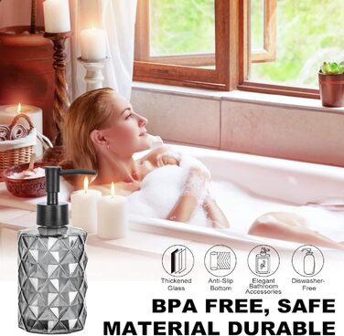 Дозатор мила чорний, скляний дозатор для ванної кімнати, наповнюваний дозатор з нержавіючою сталею, 2 підставки, 330 мл, вінтажний дизайн