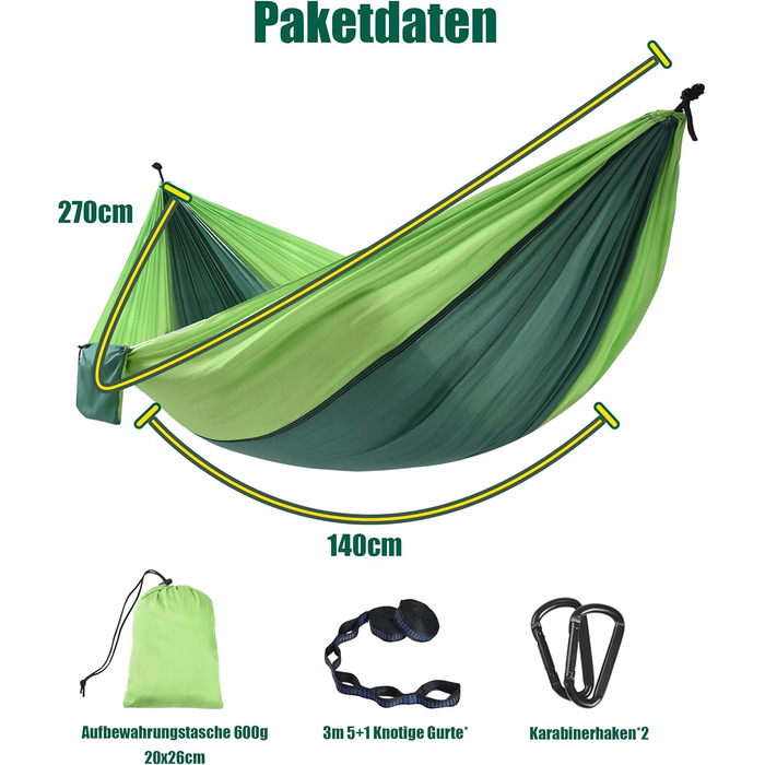 Гамак для кемпінгу Signstek, 270 x 140 см, вантажопідйомність 300 кг, ультралегкий нейлон, для відпочинку на природі, зелений