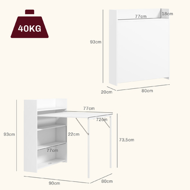 HOMCOM Folding Dining Table - Ideal for Small Spaces, with 4 Discreet Shelves, Foldable Kitchen Table, Anti-Tip Function, White