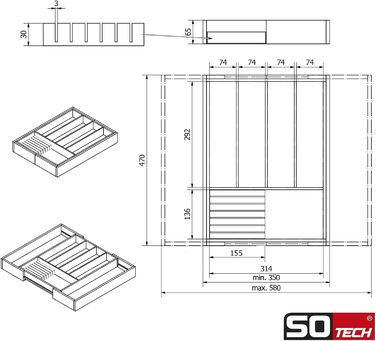 Органайзер для столових приборів Orga-Box III висувний, для кухонь Nobilia (з 2012р), дерев'яний (бамбук), 6-8 відділень + ніжний блок, ширина 40-60 см