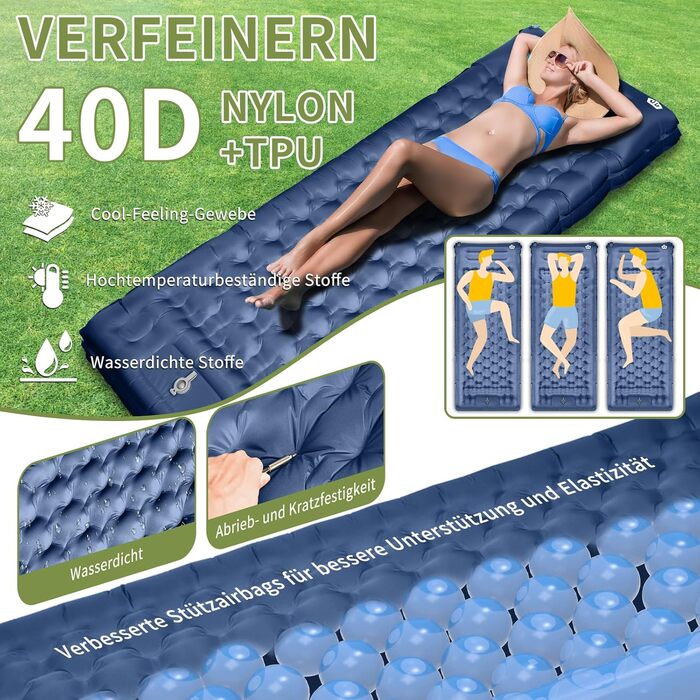 ARFNKIM Self-Inflating Camping Mat - 12cm Thick Sleeping Pad with Foot Pump & Pillow - Lightweight, Compact, Waterproof Sleeping Mat for Outdoor Use (Green/Blue)