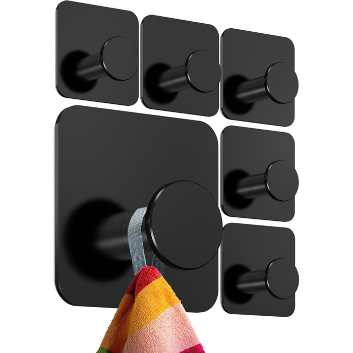 Набір тримачів для рушників 4smile (6 шт.) без свердління, з нержавіючої сталі, чорний. Самоклеючі гачки для ванної кімнати, висока вантажопідйомність.