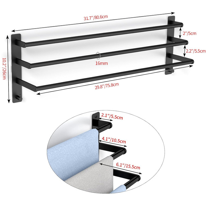 Тримач для рушників 80 см без свердління, чорний, з 3 стержнями, з нержавіючої сталі, з 2 гачками