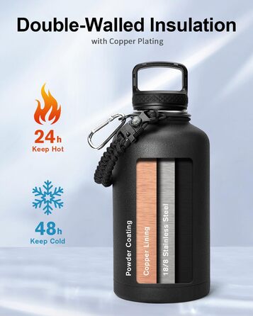 Trebo Thermos Flask with Straw 2L, Stainless Steel Water Bottle with Paracord Handle & 3 Lids, Stainless Steel Wide Mouth Drinking Bottle Large Sports Bottle Keeps Drinks Cold for 48 Hours, Black