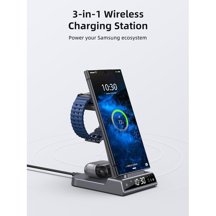 Бездротовий зарядний пристрій для Samsung Galaxy: зарядка для S25 Ultra, Watch Ultra/8/7/6, S24 Z Fold 6/Z Flip 6, Buds (сірий)