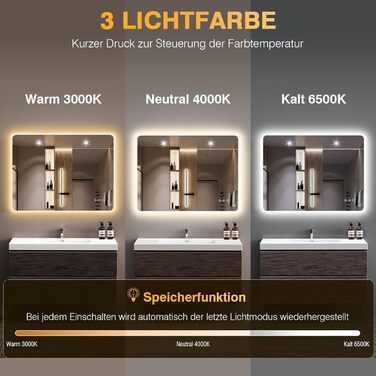 Дзеркало для ванної кімнати з підсвічуванням LED, 100x60 см, 3 кольори світла, регулювання яскравості, пам'ять, сенсорне управління, IP44, захист від вологи