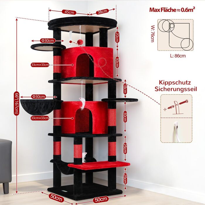 Котячий будиночок Globlazer з когтеточкою, 167 см, кутовий, для 3-4 котів, з будиночком, гамаком, платформою та м'яким кошиком