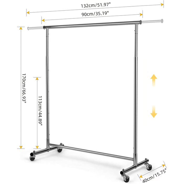 VOWNER Clothes Rack, Clothes Rail, Coat Rack, Rolling Garment Rack, Adjustable Height and Extendable, Adjustable Clothes Rod, (90-132) x 40 x (113-170) cm, Chrome-plated Metal