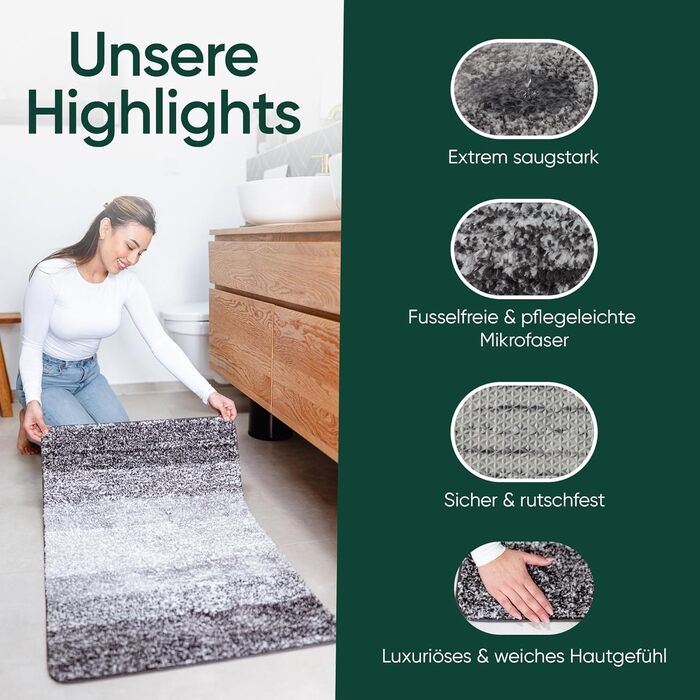 MOSSWANDERER Non-Slip Bathroom Rug - 60x90cm | Washable Luxury Bath Mat | Modern Black & Gray Design | Absorbent Floor Mat for Bathroom, Shower & More