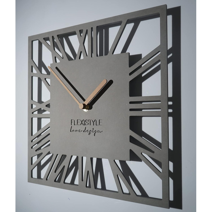 FLEXISTYLE Wall Clock No Ticking Sound Modern LOFT Piccolo Square 30cm Living Room Bathroom, z219n (Gray)