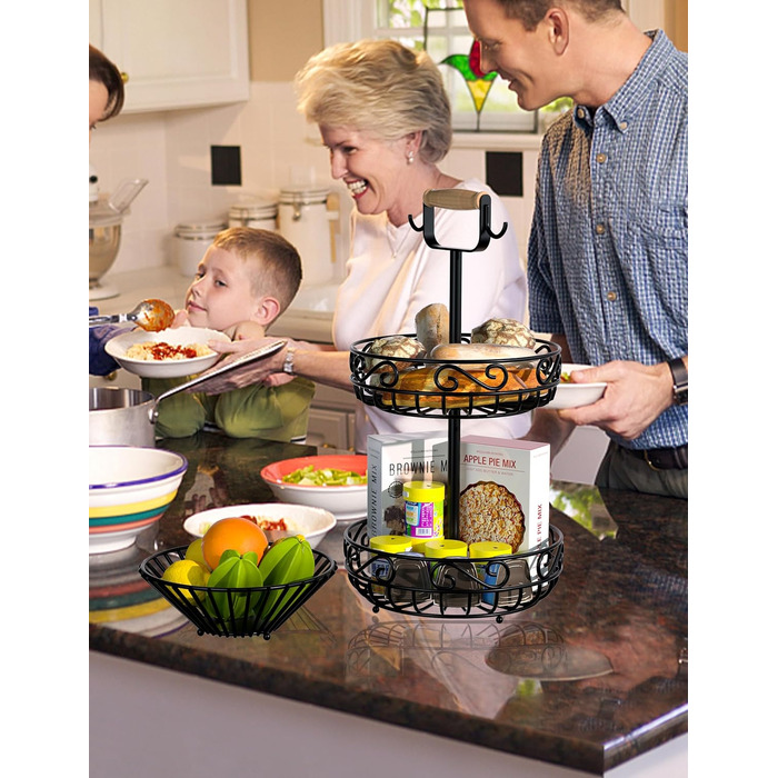 Двоярусний кошик для фруктів Couwilson з підвіскою для бананів та дерев'яною ручкою - органайзер для фруктів, овочів, хліба, цибулі, картоплі (Чорний)