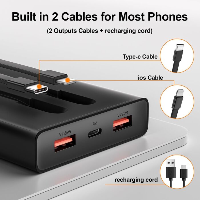 Портативний зарядний пристрій Power Bank 13000mAh з 2 вбудованими кабелями, LED-дисплеєм, підтримкою швидкої зарядки PD, чорний