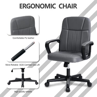 Офісне крісло MIXASTEP з PU-шкіри, регульована висота, поворотне, з підлокітниками та колесами 360°, для роботи, навчання, геймінгу (сірий)