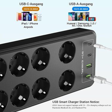 Мережевий фільтр 8 розеток з USB C, USB A, захистом від перенапруги, адаптер розеток, з двома вимикачами, кабель 1.5м, чорний