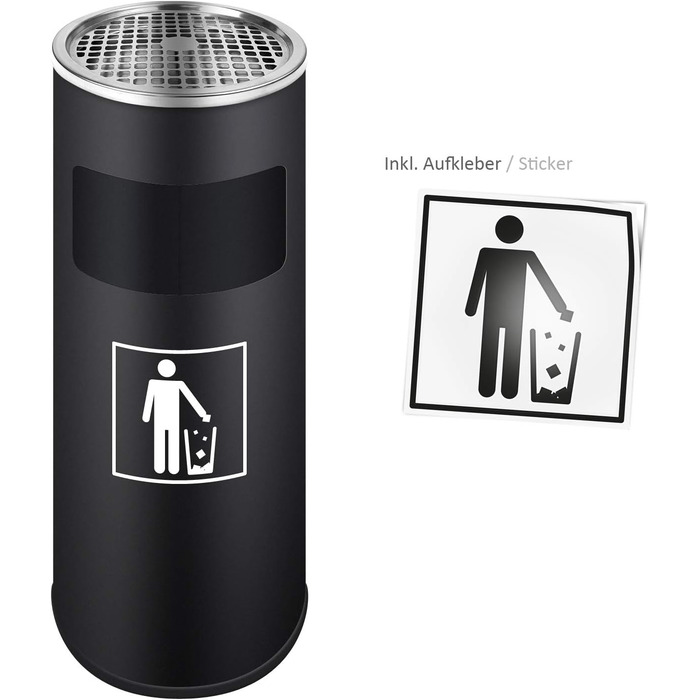 WELLGRO Standaschenbecher з нержавіючої сталі 2в1 для вулиці: попільничка та сміттєвий бак. Стійкий до погодних умов, великий попільничний бак для тераси, входу та комерційних приміщень (чорний)