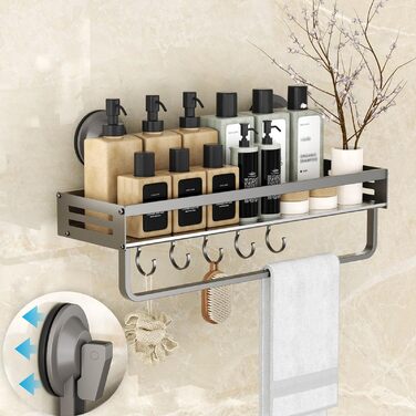 Поличка для душу Onemake з присосками, регульована, з гачками, органайзер для ванної кімнати з тримачем для рушників, матовий чорний (40 см, 1 шт.)