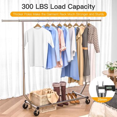 Camabel Clothes Rack with Wheels, 303lbs Clothes Stand, Metal, Adjustable Length 130-189cm (51-75in), Stainless Steel, Wheels, Rolling Garment Rack, Extendable, Clothes Hanger with Brake, Metal Wardrobe Stand