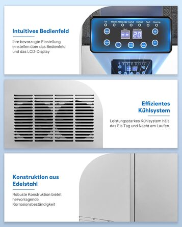 Льодогенератор Wilprep для дому та бізнесу: 22 кг/24 год, самоочищення, LCD-дисплей, нержавіюча сталь