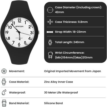 Жіночий годинник: аналоговий кварцовий годинник з силіконовим ремінцем. Спортивний годинник для студентів та дорослих (чорний+білий)