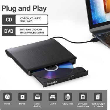 Зовнішній DVD-записувач ORIGBELIE USB 3.0, портативний CD-ROM привід +/-RW для ноутбука, ПК, MacBook, Windows, Linux