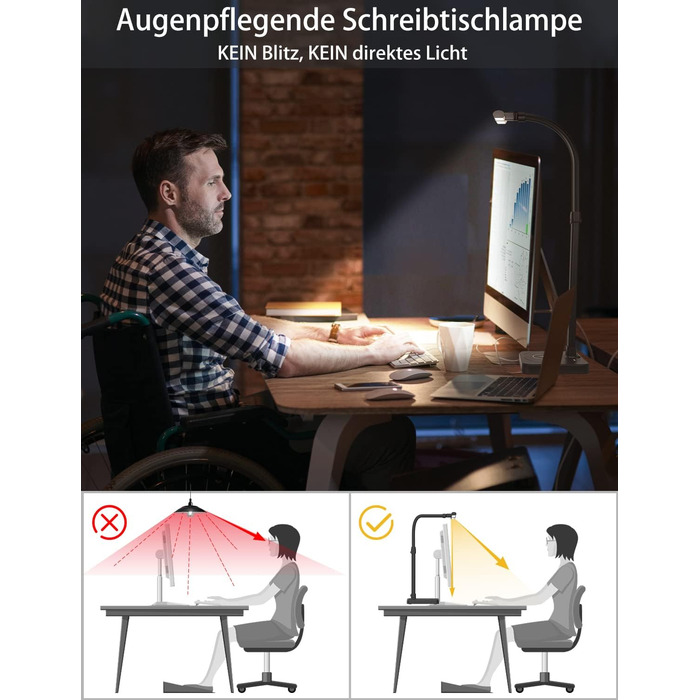 Tantu Adjustable LED Desk Lamp with Dual Heads - 24W, 80cm, 5 Color & 5 Brightness Levels, Gooseneck & Base - Black Office Lamp