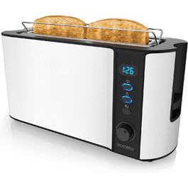 Тостер Arendo з 2 слотами, білий матовий, 1000W, з підігрівом для булок, 6 рівнів підсмажування, дисплей, функція розморожування, нержавіюча сталь