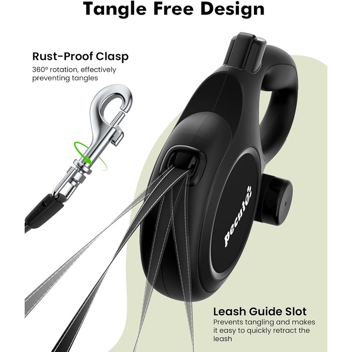 Рулетка для собак Pecute 8м, бісостійка, з набором для збору відходів, 360° антизаплутування, для собак середніх та великих (15-50кг), зелена