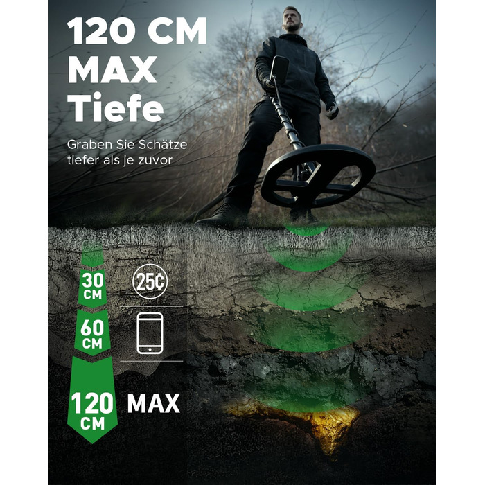 Металошукач Profi з водонепроникною котушкою 11'' DD, глибина виявлення 12''/30 см, висока чутливість до золота, 5 професійних режимів, Pinpoint для срібла