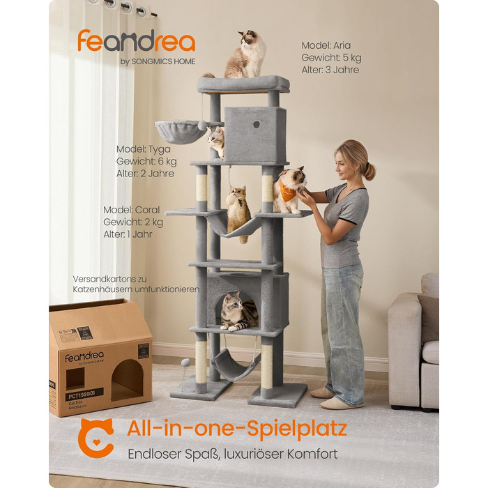 Дерево для котів Feandrea XXL, багатоповерхове, 201 см, з платформами, ліжечком, 2 котячими будиночками, гамаками, захистом від перекидання (світло-сірий)