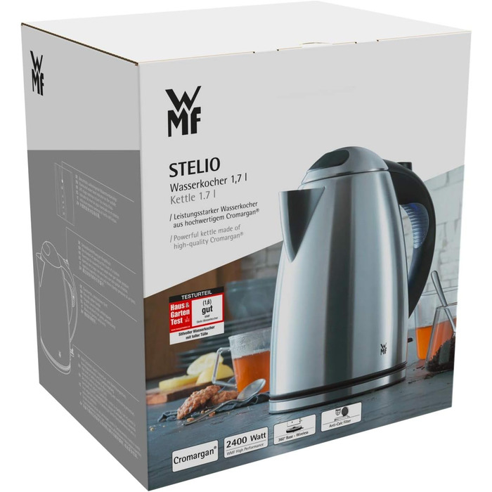 WMF Stelio Stainless Steel Kettle, 1.7L, Electric Kettle with Scale Filter, 2400W, Illuminated Water Level Indicator, Matte Stainless Steel