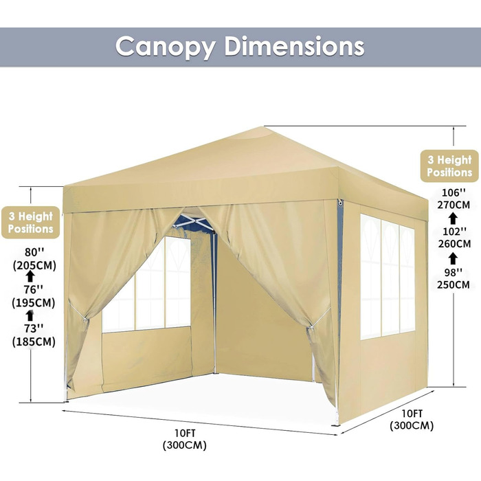 COBIZI Pavilion - Waterproof, Stable, Winter-Proof, Foldable, Pop-Up Gazebo/Party Tent for Beach, Wedding, Garden - with 4 Side Panels, UV Protection 50+, Adjustable Height (Khaki, 3x3m)
