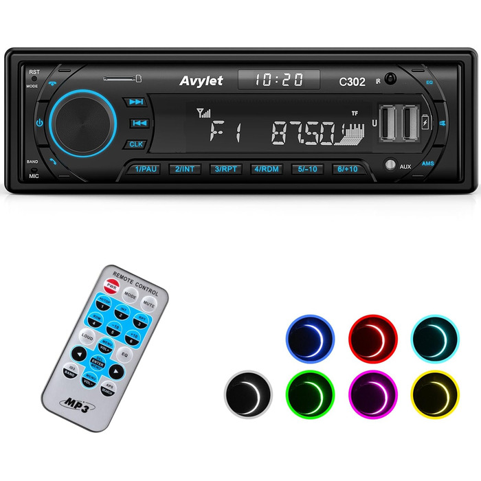 Автомобільна магнітола Bluetooth 5.0, FM/AM, 7 кольорів підсвічування, 1 DIN, стерео з 2 USB, AUX, MP3, підтримка iOS та Android, збереження 30 радіостанцій