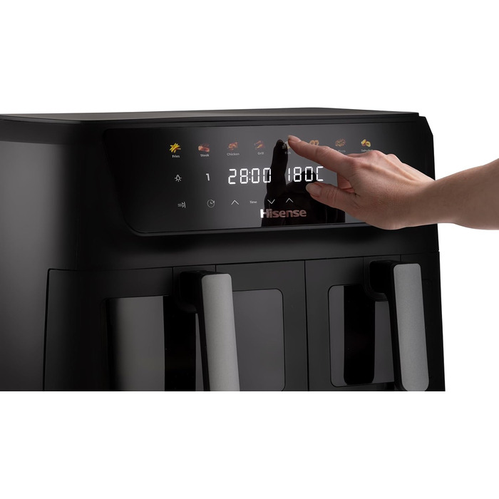Фритюрниця повітряна Hisense HAF2700DCD, 2700 Вт, 11 л, 8 програм, антипригарне покриття, дисплей, енергоефективна, SyncServe, чорний, подвійний кошик