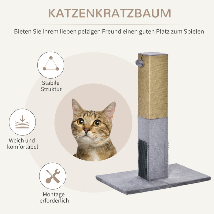 PawHut Cat Scratching Post 79cm with Jute Rope & Plush Toy - Grey for Active Play & Relaxation