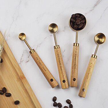 STOBAZA Measuring Cup and Spoon Set of 8 Stainless Steel Pieces, Stackable Measuring Cups and Kitchen Baking Utensils with Wooden Handle for Wine Ingredients, Milk Powder
