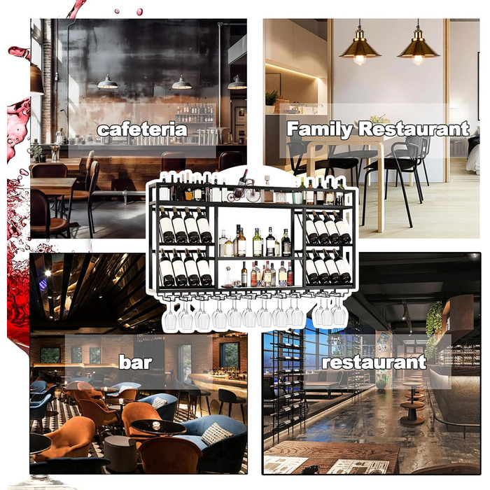 Настінна вітрина для вина з тримачем для келихів, 3-ярусна, металева вітрина в стилі рустік для напоїв, для домашнього бару, зберігання вина на кухні (Чорний, 100см)