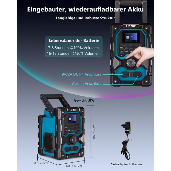 Радіо для будівельного майданчика з DAB+, FM, Bluetooth 5.0, 16W, акумулятор 8000mAh, USB-зарядка, Aux, захист від пилу та вологи (блакитне)